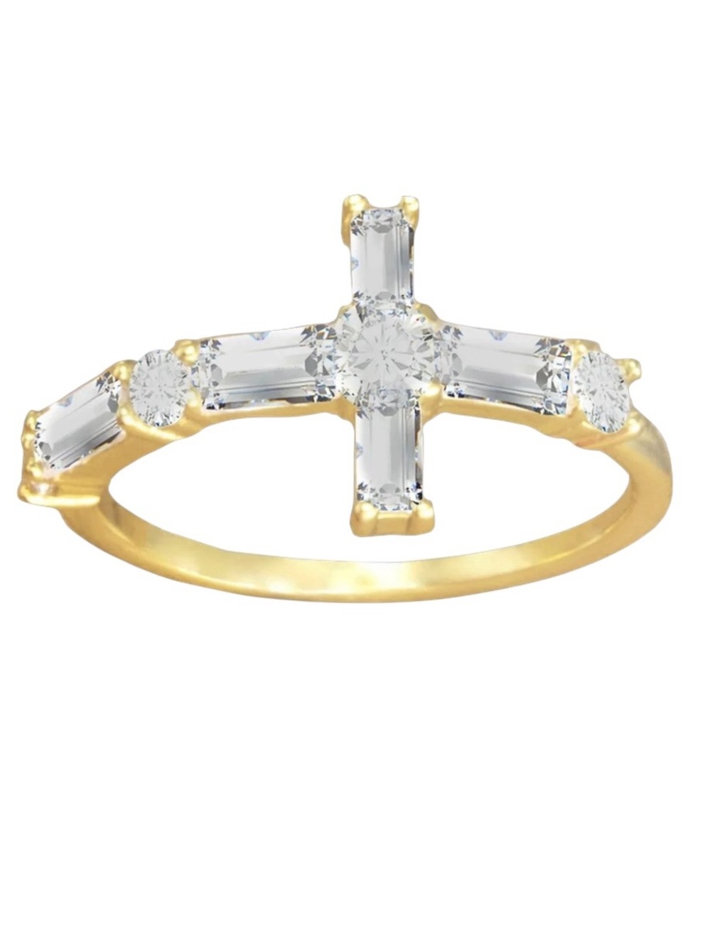 New Amanda Blu Baguette Cross Allover CZ Cubic Zirconia Rhinestone Gold Ring